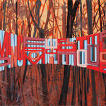 Painting with bare trees in the background on a yellow red sky in the foreground is the words Jumping From Ice Floe to Ice Floe in red and blue