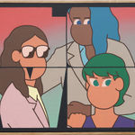Painting of three figures looking in different directions, one has long brown hair, sunglasses and a pink shirt, another figure has light blue hair, and a tan overcoat, the last figure has dark green hair and a purple tank top.