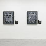 Installation view of Jeremy Fish's solo exhibition "The Moral Compass" at Harman Projects, SF. From left to right: The Dog in The Manger, The Goose and The Golden Egg, and Two Travelers and a Bear