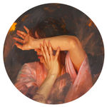 Circular painting of a women in a pink dress covering her face with her arms