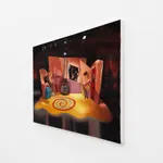 Painting of a set with a yellow flour and a red and blue swirl in the middle, there is a moose head hanging above a blue chest and a wood burning stove in the back