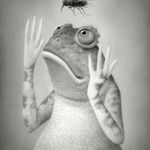 Travis Louie painting of frog looking up at fly