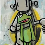 grey robot holding a green kermit the frog on his arm