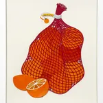 Framed Painting of oranges in a red mesh bag with a cut orange in front of the bag