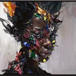 portrait of a black woman with ripples of comic book scenes coming through her face framed