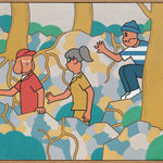 Painting of three figures walking through a forest along a trail with three trees and bushes surrounding them