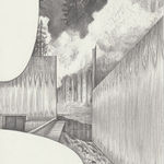 Drawing of a building with high walls surrounded by a forest with large clouds.