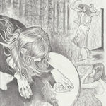 Drawing of a woman looking into a mirror on the ground. In the background are two other women in the woods