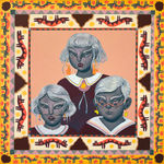 Painting of three people dressed in similar maroon shirts with white collars and short white hair