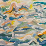 Abstract painting with painterly brush strokes in blue, white, orange, green and yellow