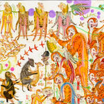 Detail shot of a painting by Mu Pan of creatures, animals and human hybrids eating, sleeping, killing, flying and climbing