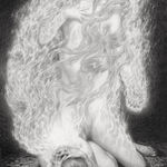 Drawing of nude woman laying on the ground with another woman in flames emerging from her back.