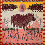 Painting of a large animal with miniature people standing on its back and on the ground below it