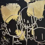 three outlined robots against a black background with gold leaf