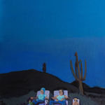 Painting of a family laying on lawn chairs in a desert in the dark