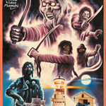 A hand painted movie poster for the film "The Fog" depicting ghost-like characters with attacking with swords.