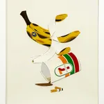 Framed Painting of a banana peel, 7-Eleven coffee cup, and two cigarette butts