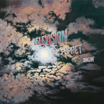 Painting of a night sky with pink, blue and white iridescent clouds with the words Television Puppet Show of center from the moon