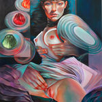 Painting of a woman's breast being held and a third hand holding her genitals. There are jello in the background