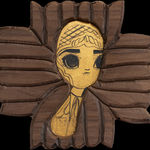 A piece of carved wood with a gold leaf portrait of an illustrative style woman in the center.