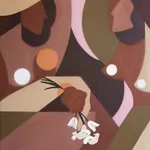 painting of two women made out of geometric earth-toned shapes by Liz Flores