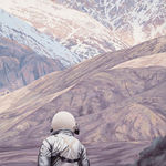 Painting by artist Scott Listfield depicting an astronaut in a white suit against a purple mountain background. In the distance, a grey Tesla Cybertruck is engulfed in flames.