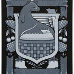 Gray-scale painting of a crest like composition depicting a weasel wearing tiny glasses and a tiny crown, a woven checkered basket, a fat mouse, and a variety of corn, cherries, and grain motifs throughout by artist Jeremy Fish.