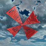 Painting of clouds with the words I STRADDLE THE GREAT BRINY BAY AND WARM MY HANDS OVER THE ANXIETY RADIATING FROM THE CITY’S CORE in a cross shape in bright pink