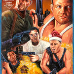 A hand painted movie poster for the film "Die Hard" depicting the movie characters in action, holding guns, and with explosions in the background.