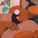 Abstract painting of a woman sitting next to a vase with two plants.