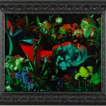 Framed painting of a woman laying on the ground surrounded by plants under red and green lighting