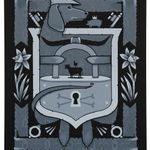 Gray-scale painting of a crest like composition depicting a dog wearing a plaid flat cap, daffodils, a cow and checken, and a padlock by artist Jeremy Fish