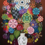 Casey Gray - Spray Painting of vibrant flowers in front of black and red gradient background.