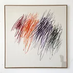 Christina Gschwantner “Big Scribbles” abstract painting featuring large looping scribble-like brushstrokes in burgundy, orange, purple, green, and grey across a white background, emphasizing gestural movement, layered lines, and dynamic composition.