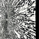 detail view of Jason Hallman excavated painting with black and white streaks originating outward from the center of the artwork