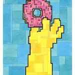 Adam Lister watercolor painting of Homer Simpson's hand holding a donut in 8-bit graphic style