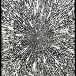 Jason Hallman excavated painting with black and white streaks originating outward from the center of the artwork