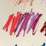 Christina Gschwantner “Everywhere II” abstract painting featuring grouped clusters of scribbled brushstrokes in pink, red, orange, blue, purple, and green on a white background, emphasizing layered mark-making, color variation, and gestural movement.