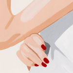 detail view of Orit fuchs painting of a woman in wide brim sun hat