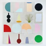 Cameron Ritcher “Vernacular 61” abstract grid painting featuring multiple panels with geometric shapes in muted and bright colors, including circles, semicircles, cones, and plant-like forms on a neutral background.