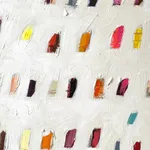 Christina Gschwantner “Happy Dots I” abstract painting featuring a grid of small colorful vertical brushstrokes in red, pink, orange, blue, green, and neutral tones on a textured white background, emphasizing repetition, variation, and layered surface.