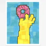 Adam Lister watercolor painting of Homer Simpson's hand holding a donut in 8-bit graphic style