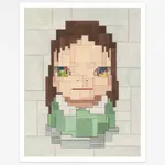 Adam Lister Watercolor of girl in green dress with colorful eyes on beige background after Yoshitomo Nara