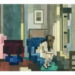 Adam Lister watercolor painting of Edward Hoppers Eleven AM in 8-bit graphic style