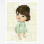 Adam Lister Watercolor Work on paper with girl in green on yellow background after Yoshitomo Nara