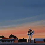 Kristin Moore AMOCO Sunrise painting featuring a vintage AMOCO gas station with canopy and signage set against a soft pastel sunrise sky.