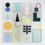 Cameron Ritcher “Vernacular 63” abstract grid artwork featuring geometric and organic shapes in soft pastel tones on neutral panels with textured paint surfaces.