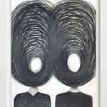 Ted Collier work on paper with two figures and chaotic vicious circle heads in charcoal on white background framed in a white frame
