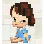 Adam Lister watercolor painting of girl in blue dress sitting on the floor with beige background after Yoshitomo Nara in 8-bit graphic style