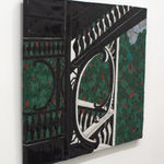 Left angle view of mixed media painting depicting architecture with a botanical background